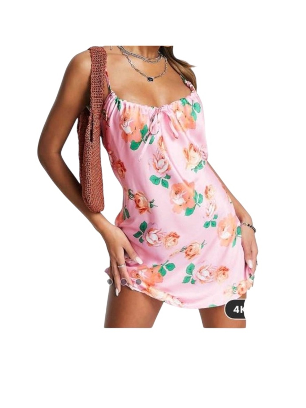 Reclaimed Vintage Pink Rose Satin Mini Dress Tie Back Size US 6